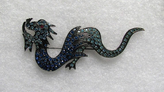 Polcini Blue Rhinestone Chinese Dragon Brooch - image 1