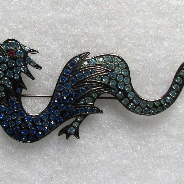 Polcini Blue Rhinestone Chinese Dragon Brooch