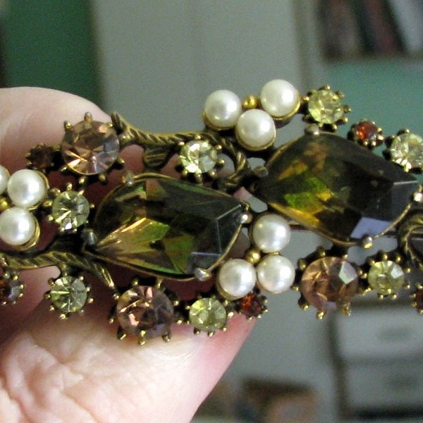 Florenza Pearl & Green-Gold Rhinestone Brooch