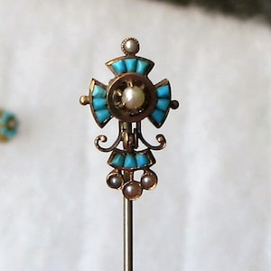 Fancy Turquoise & Pearl Movable 14K Gold Stickpin