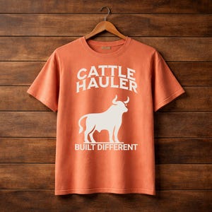 Könnte beinhalten: Ein orangefarbenes T-Shirt mit den Worten "CATTLE HAULER" über einer weißen Bullengrafik. Unter dem Bullen steht der Text "BUILT DIFFERENT". Das Shirt hängt an einem Holzbügel vor einem Holzgrund.