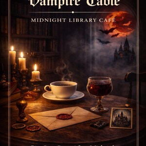 Op de afbeelding: Promotieafbeelding voor het "Vampire Table Midnight Library Café". De scène toont een tafel met een kopje koffie, een glas rode vloeistof en een met was verzegelde envelop. De achtergrond bevat kaarsen, een bibliotheek en een kasteel.