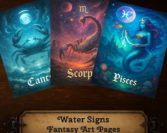 Water Signs (Cancer, Scorpio & Pisces) – Magical Astrology Art Pages (Digital Download)