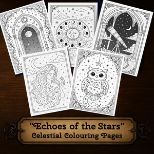 May include: A collection of five black and white celestial coloring pages. Each page features intricate designs of moons, stars, and celestial figures. The pages are titled "Echoes of the Stars" and are perfect for coloring enthusiasts.