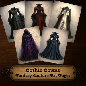 Stampe artistiche di abiti gotici di alta moda: pagine di album di ritagli fantasy oscuri (download digitale)