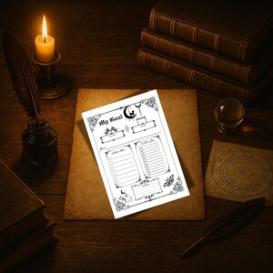 May include: A black and white printable planner page with the words "My Goal" at the top. The page features sections for goals, action steps, and notes, with decorative celestial and butterfly accents. A lit candle, inkwell, and books are in the background.