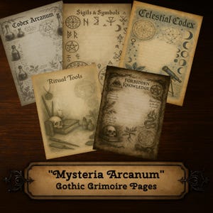 Könnte beinhalten: Eine Sammlung gealterter Papierseiten mit gotischen Illustrationen und Texten. Titel sind "Codex Arcanum", "Sigils & Symbols", "Celestial Codex", "Ritual Tools" und "Forbidden Knowledge". Das Banner unten lautet "Mysteria Arcanum" Gothic Grimoire Pages.