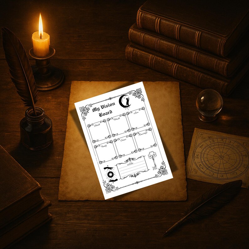 May include: A black and white "My Vision Board" print with decorative borders, a crescent moon, and goal boxes. It rests on aged paper, alongside a candle, inkwell, books, and a crystal ball, evoking a mystical atmosphere.