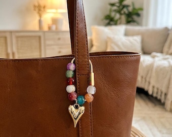 Handgemaakte tasbedel karabijnhaak met glazen kralen, tinnen hart- of sterhanger, perfect voor portemonnee, cadeaus en gunsten, gepersonaliseerde sleutelhanger cadeau