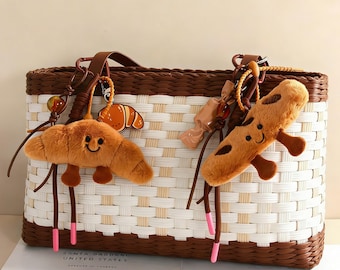 Handgemaakte pluche croissanttas sleutelhanger bedel, stokbrood bedel, portemonnee, lippenstiftetui, handtas bedel, verjaardagscadeau, cadeau voor haar