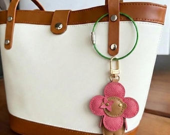 Handgemaakte leren bloemenpop sleutelhanger, portemonnee tasbedel, luxe cadeau voor haar, leren tasbedel, verjaardagscadeau
