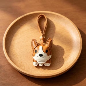 May include: A brown, white, and black corgi dog keychain with a leather strap. The keychain is made of stitched leather and sits on a wooden plate.