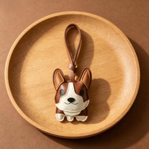 May include: A brown and white leather corgi keychain with a brown leather loop. The keychain is sitting on a wooden plate. The corgi has a white face, brown ears, and a black nose.