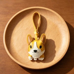 May include: A yellow, white, and brown corgi dog keychain with a matching yellow strap. The keychain is made of leather and has a smiling face. The keychain is sitting on a wooden plate.
