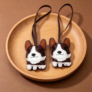 May include: Two brown, white, and tan leather corgi dog keychains with brown straps. The keychains are on a wooden plate. The corgi dog keychains have a white face, brown ears, and a brown body.