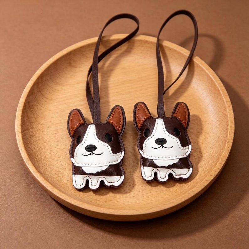 May include: Two brown, white, and tan leather corgi dog keychains with brown straps. The keychains are on a wooden plate. The corgi dog keychains have a white face, brown ears, and a brown body.