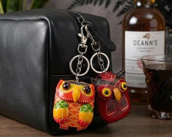 Handgemaakte leren uilsleutelhanger, tasbedel dierentas, boho-accessoire, cadeau voor haar