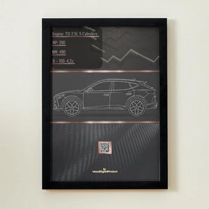 Può includere: Stampa incorniciata nera con un disegno a tratto bianco di un'auto. La stampa include specifiche tecniche: Motore TSI 2.5L 5 Cilindri, 390 CV, 480 Nm e 0-100 in 4,2s. La stampa è in una cornice nera.