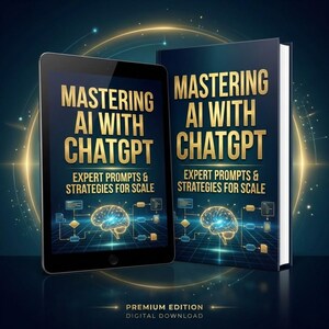 Puede incluir: Una tableta digital y un libro titulado "Mastering AI with ChatGPT". El libro y la tableta presentan letras doradas sobre un fondo azul oscuro. El texto incluye "Expert Prompts & Strategies for Scale" y "Premium Edition Digital Download."