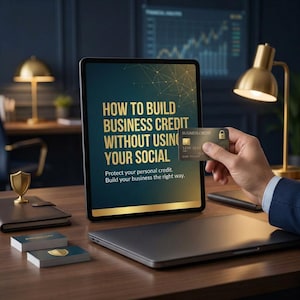 May include: A tablet displays text: "HOW TO BUILD BUSINESS CREDIT WITHOUT USING YOUR SOCIAL." A hand holds a business credit card. Other items on the desk include a laptop, business cards, a gold lamp, and a small gold shield.