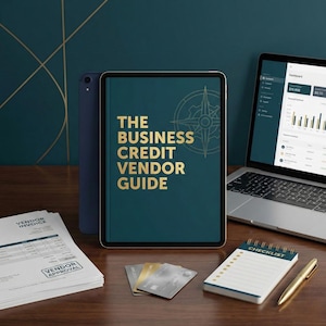 May include: A digital tablet displaying "THE BUSINESS CREDIT VENDOR GUIDE" in gold lettering, alongside a laptop showing financial data. Other items include a notepad, pen, credit cards, and vendor invoices, all arranged on a wooden surface.