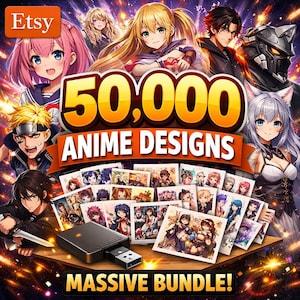 May include: An Etsy listing graphic featuring anime characters and the text "50,000 ANIME DESIGNS" and "MASSIVE BUNDLE!" A USB drive is in the foreground, with various anime art prints displayed behind it. The Etsy logo is in the top left corner.