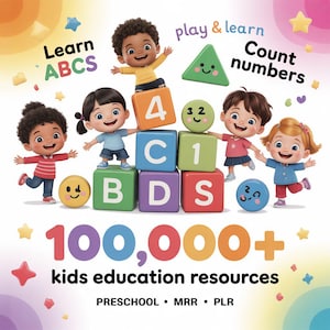 Könnte beinhalten: Bunte Illustration, die für Bildungsressourcen für Kinder wirbt. Die Abbildung zeigt Zeichentrickkinder, die mit Alphabetblöcken und Formen spielen. Der Text enthält "Learn ABCs", "Count numbers" und "100.000+ kids education resources."