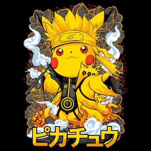 May include: A yellow Pikachu character in a black and yellow outfit, with a headband and a staff. The image has a Japanese anime style, with flames and smoke effects. The text "Pikachu" is written in Japanese.
