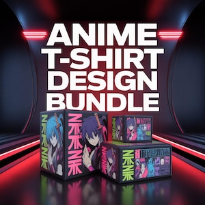 Puede incluir: Imagen promocional de un paquete de diseños de camisetas de anime. La imagen presenta varias cajas negras con ilustraciones de personajes de anime y la palabra "NINIK" en rosa y verde. El texto "ANIME T-SHIRT DESIGN BUNDLE" se muestra en blanco.