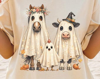 Halloween Farm Animal Ghosts Comfort Colors Shirt, Spooky Cute Homestead Halloween Tee, Funny Barnyard Ghost Gift