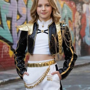 May include: A black sequined cropped jacket with gold trim, shoulder epaulets, and hanging gold chains paired with a white mock-neck top and white shorts featuring a gold rectangular-link belt and a dangling gold chain accessory with charms.