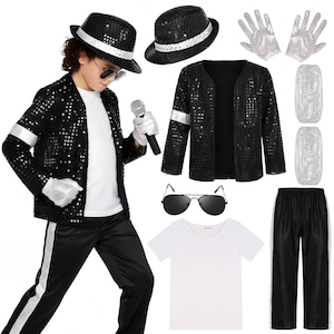 May include: A performance costume set including a black sequined jacket with silver bands, black trousers with silver side stripes, a white v-neck t-shirt, a black sequined fedora, silver sequined gloves, silver shoe covers, and black aviator sunglasses.