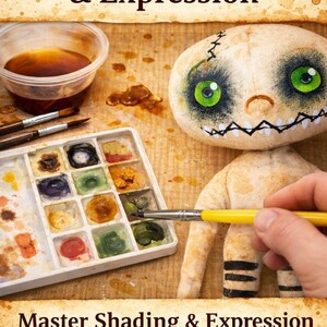 May include: An image promoting art techniques, featuring a doll-like figure with painted green eyes and a stitched mouth. A watercolor palette, brushes, and the text "Mixing, Shading, & Expression" are also visible. The image also includes the text "Master Shading & Expression".