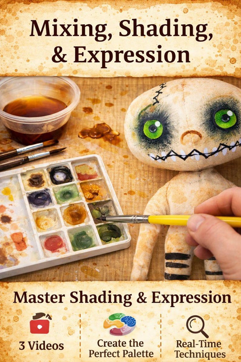 May include: An image promoting art techniques, featuring a doll-like figure with painted green eyes and a stitched mouth. A watercolor palette, brushes, and the text "Mixing, Shading, & Expression" are also visible. The image also includes the text "Master Shading & Expression".