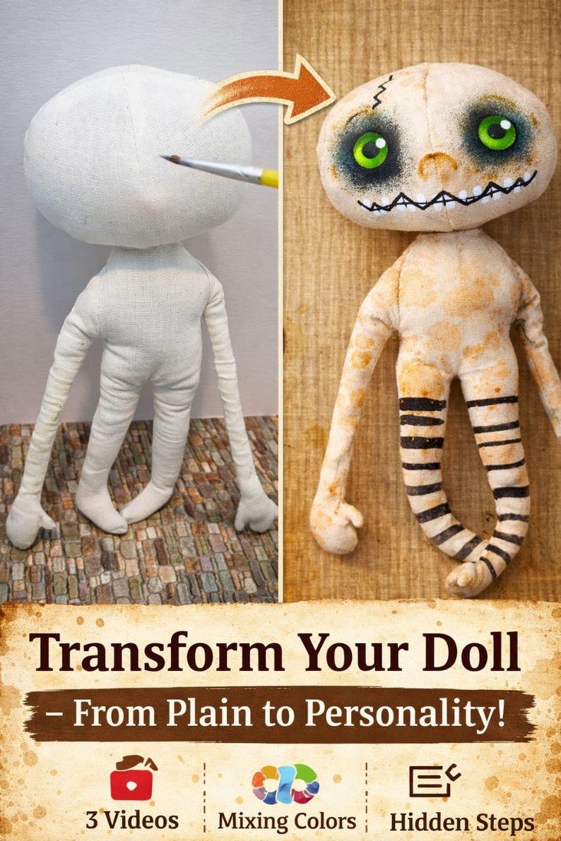 May include: A before-and-after image of a handmade doll transformation. The plain white doll is transformed into a spooky character with green eyes, a stitched mouth, and striped legs. The text reads "Transform Your Doll - From Plain to Personality!"