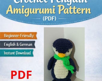 かぎ針編みペンギンのパターンPDF – 編みぐるみおもちゃのチュートリアル – 初心者向け – 英語・ドイツ語 – かわいい冬のDIYギフト – すぐにダウンロード