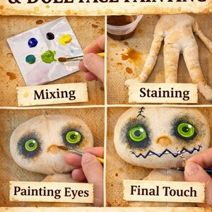 May include: Image showing steps for doll face painting. Includes mixing paint, staining, painting eyes, and final touches. The text reads "COFFEE STAINING & DOLL FACE PAINTING" and "3-Part Video Masterclass".
