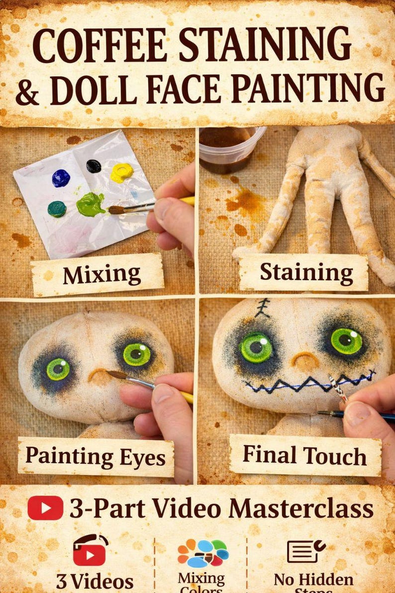 May include: Image showing steps for doll face painting. Includes mixing paint, staining, painting eyes, and final touches. The text reads "COFFEE STAINING & DOLL FACE PAINTING" and "3-Part Video Masterclass".