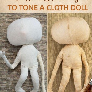 May include: Image shows a cloth doll before and after coffee staining. The doll on the left is white, while the doll on the right is stained brown. Text at the top reads "MASTER CLASS Coffee Staining TO TONE A CLOTH DOLL."