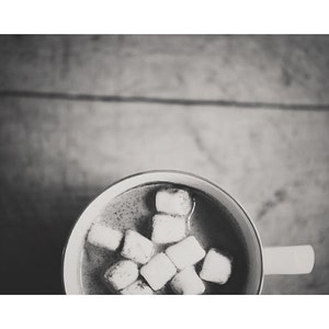 black and white food photography, hot chocolate print, marshmallow print, kitchen wall art, farmhouse decor, rustic kitchen decor image 2