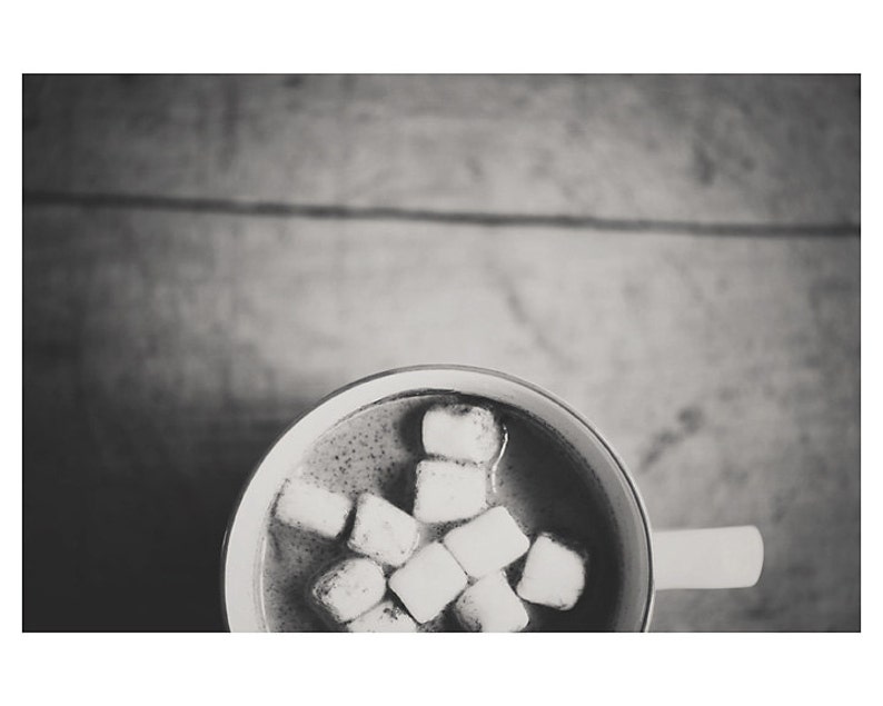 black and white food photography, hot chocolate print, marshmallow print, kitchen wall art, farmhouse decor, rustic kitchen decor image 2