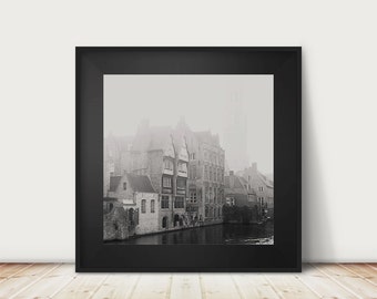 black and white bruges canals photograph, Europe architecture print, travel decor, Bruges in the fog