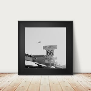 black and white route 66 photograph, Santa Monica print, California photograph, SoCal photograph, west coast decor, Americana decor