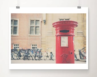 red letter box photograph, Cambridge bicycle print, English travel wall art