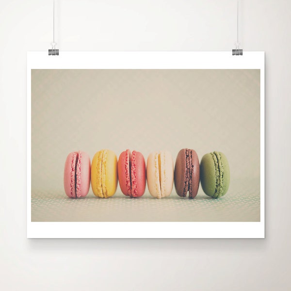 Impression macaron française, photographie culinaire, décor parisien, grand art mural