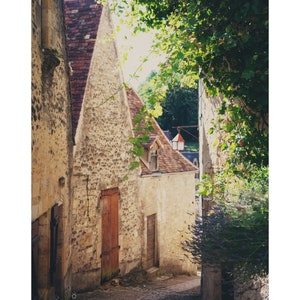May include: A narrow, cobblestone street in a European village. The street is lined with old stone buildings, one of which has a red door. The buildings are covered in vines and flowers.