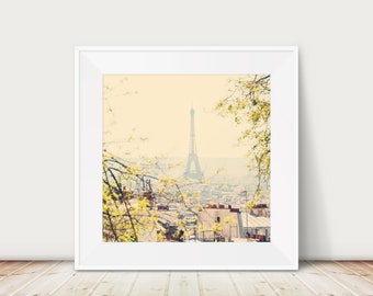 Eiffel Tower print, Paris in the spring, Paris photograph, yellow decor, large wall art, Paris travel photography