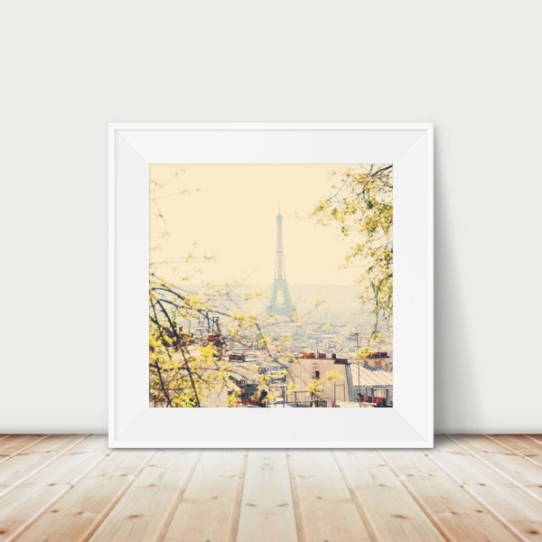 Eiffel Tower print, Paris in the spring, Paris photograph, yellow decor, large wall art, Paris travel photography