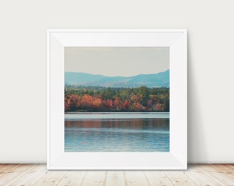 New Hampshire print, Autumn leaves print, Fall photograph, red leaf photograph, Lake Chocorua print, East Coast decor, mountain print