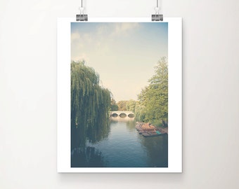 Cambridge photograph, River Cam punting print, English travel art, England decor, vertical Cambridge art